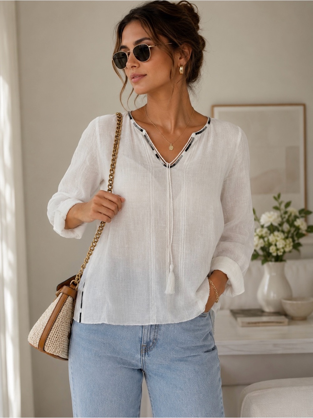 Pure DKNY White Linen Boho Tassel Tunic Blouse Medium